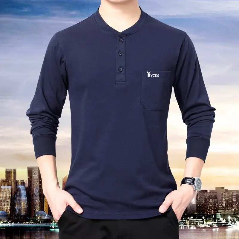 Middle-aged Cotton Collar Long Sleeve T-Shirt Grey - Image 3