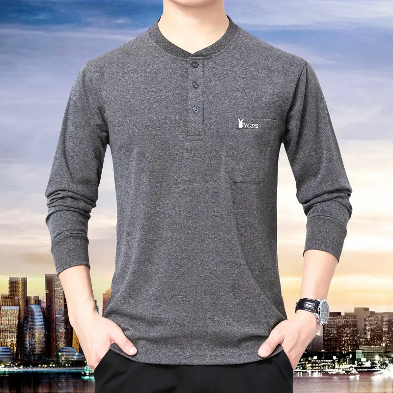 Middle-aged Cotton Collar Long Sleeve T-Shirt Grey - Image 4