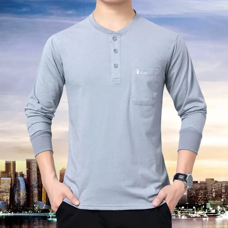 Middle-aged Cotton Collar Long Sleeve T-Shirt Grey - Image 5