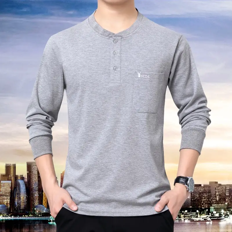 Middle-aged Cotton Collar Long Sleeve T-Shirt Grey - Image 6