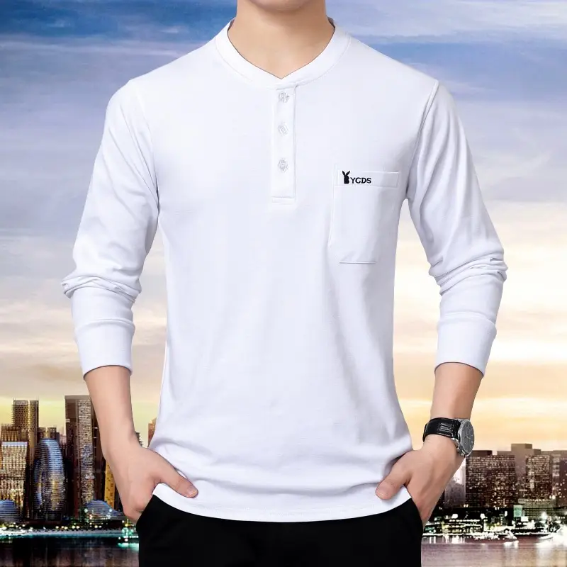 Middle-aged Cotton Collar Long Sleeve T-Shirt Grey - Image 7