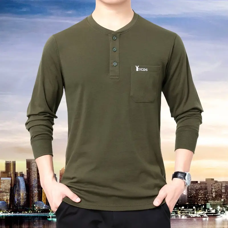 Middle-aged Cotton Collar Long Sleeve T-Shirt Grey - Image 8