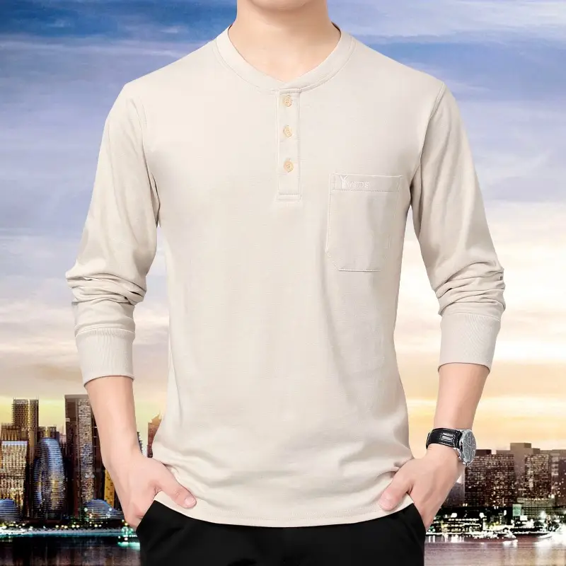 Middle-aged Cotton Collar Long Sleeve T-Shirt Grey - Image 9