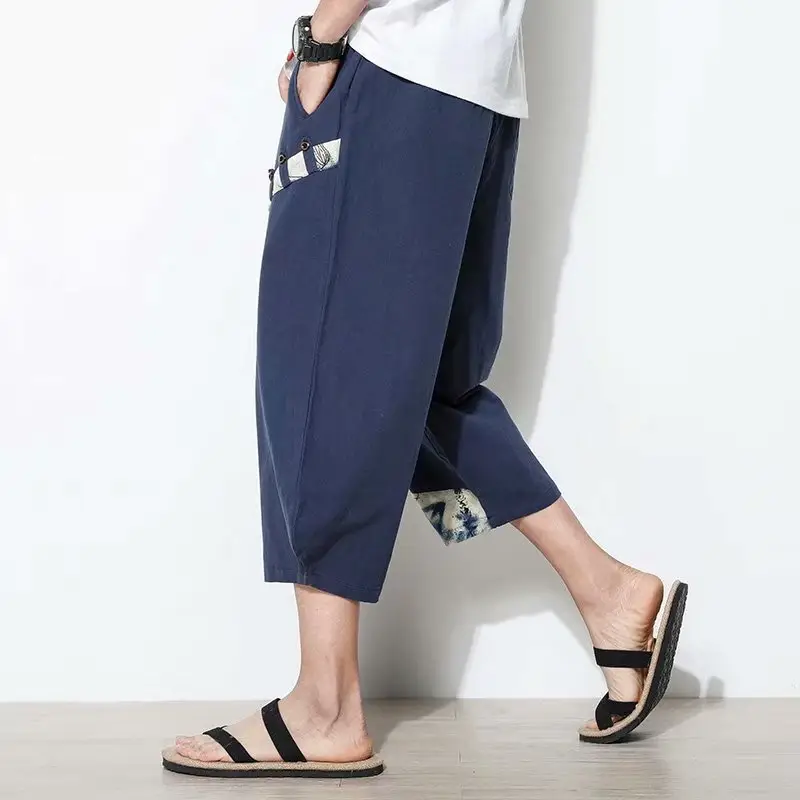 2023 Men's Blue Wide Leg Capri Pants Casual Summer