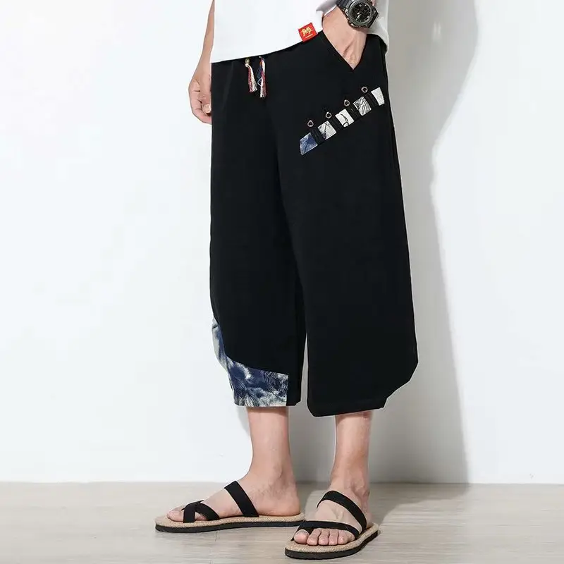 2023 Men's Blue Wide Leg Capri Pants Casual Summer