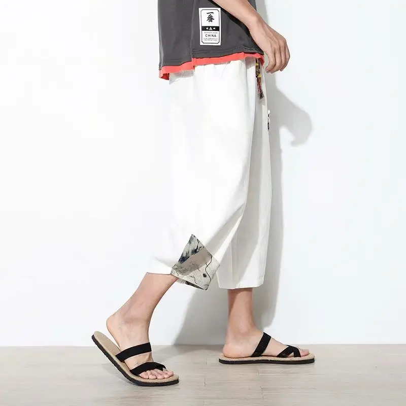 2023 Men's Blue Wide Leg Capri Pants Casual Summer