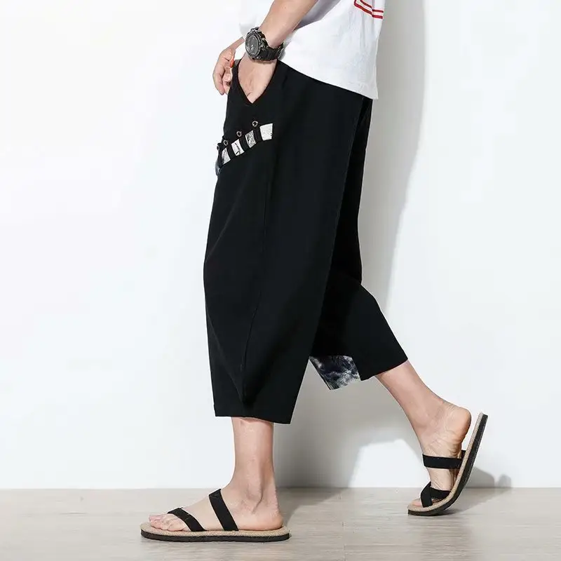 2023 Men's Blue Wide Leg Capri Pants Casual Summer