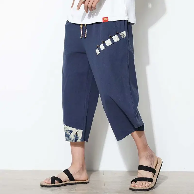 2023 Men's Blue Wide Leg Capri Pants Casual Summer