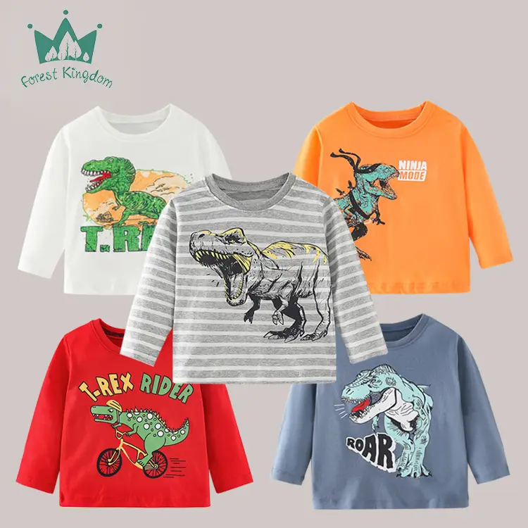 Kids Cotton Long Sleeve T-Shirt Gray Dinosaur Print