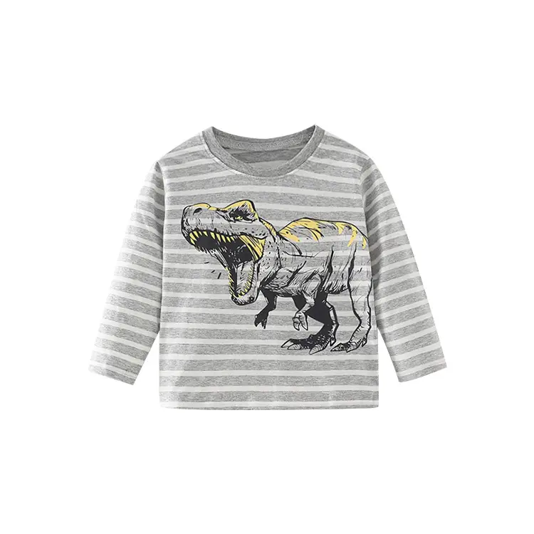 Kids Cotton Long Sleeve T-Shirt Gray Dinosaur Print
