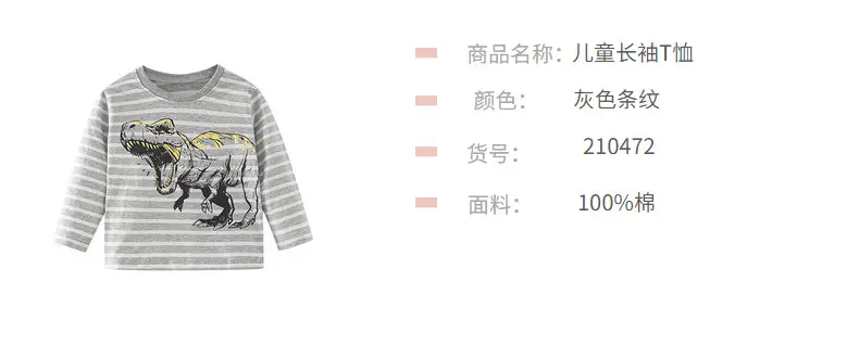 Kids Cotton Long Sleeve T-Shirt Gray Dinosaur Print — feature 11