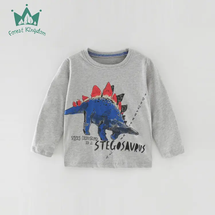Kids Cotton Long Sleeve T-Shirt Gray Dinosaur Print