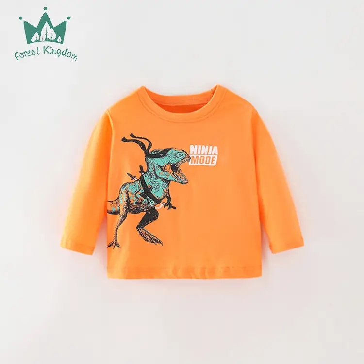 Kids Cotton Long Sleeve T-Shirt Gray Dinosaur Print