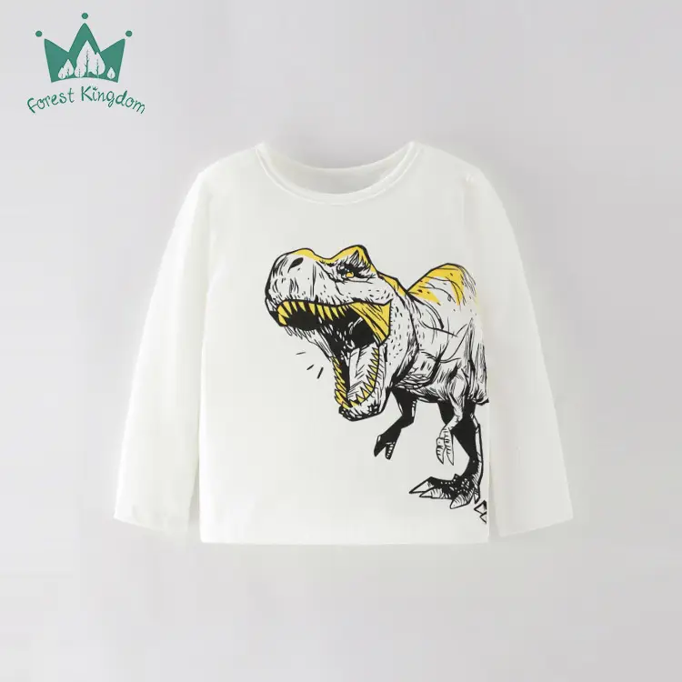 Kids Cotton Long Sleeve T-Shirt Gray Dinosaur Print
