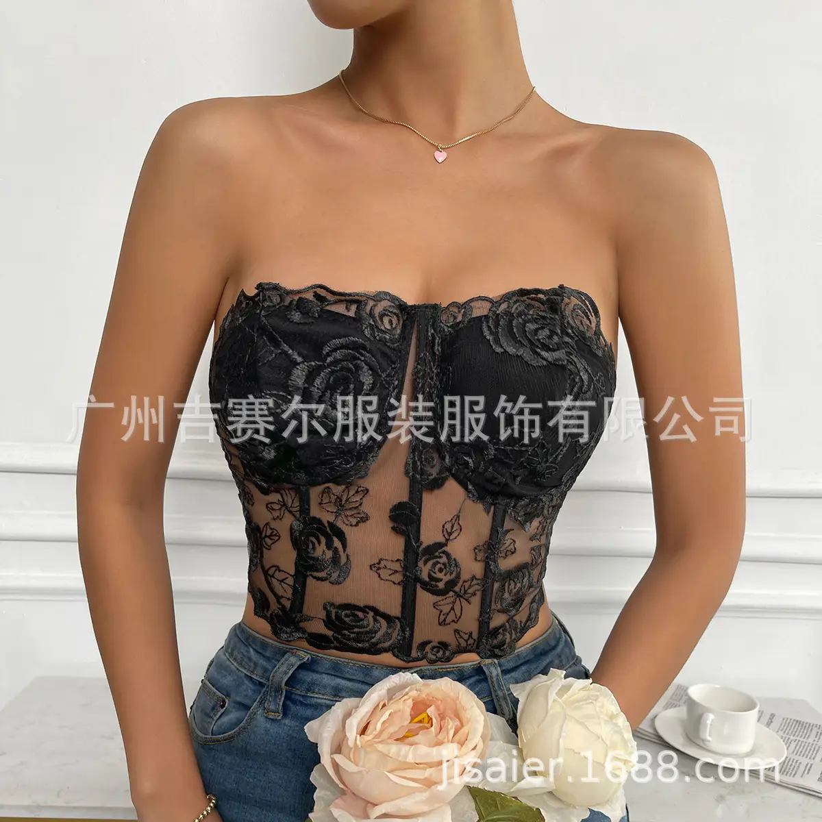 2023 Lace Mesh Rose Strapless Vest Spot 9434 — feature 9