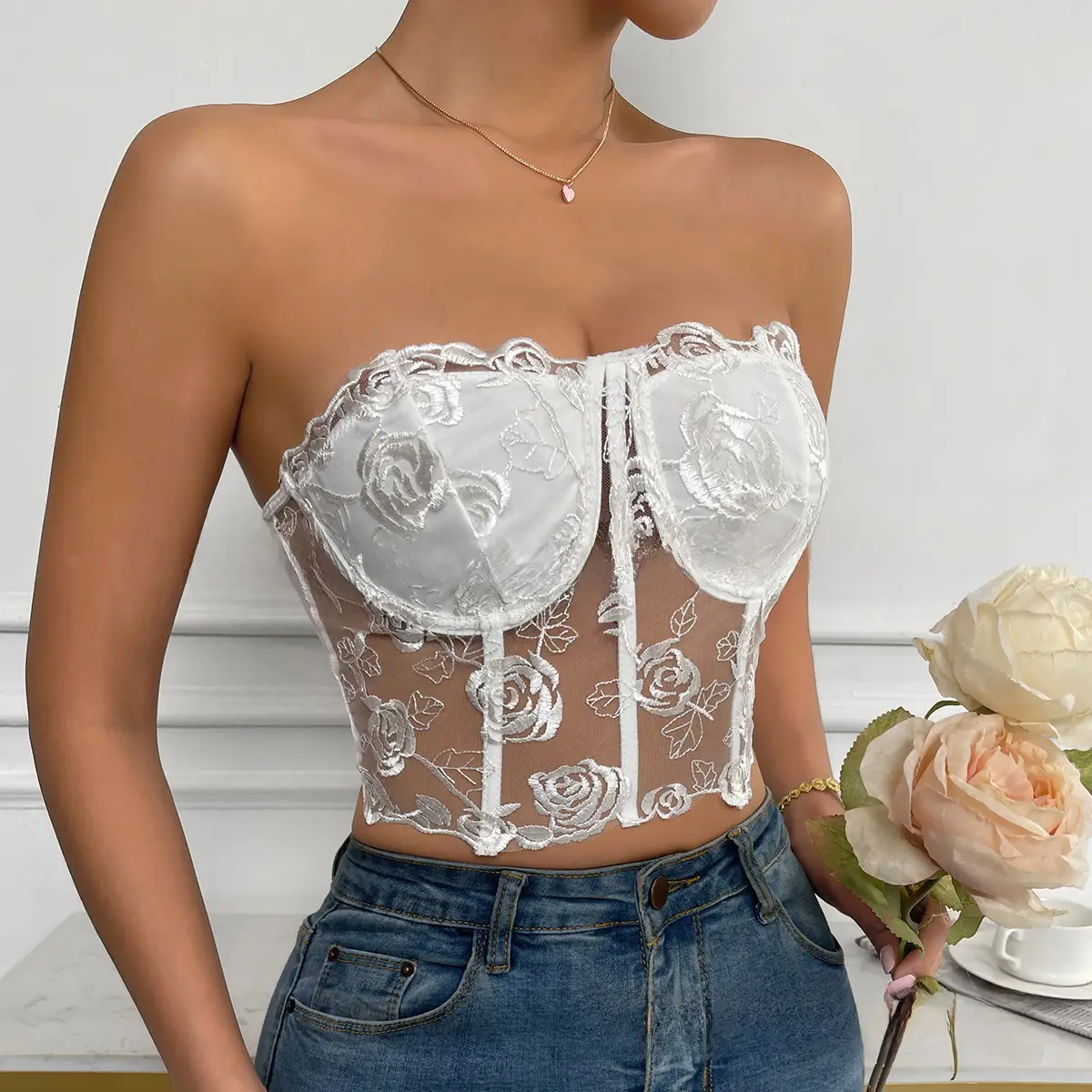 2023 Lace Mesh Rose Strapless Vest Spot 9434 - Image 3
