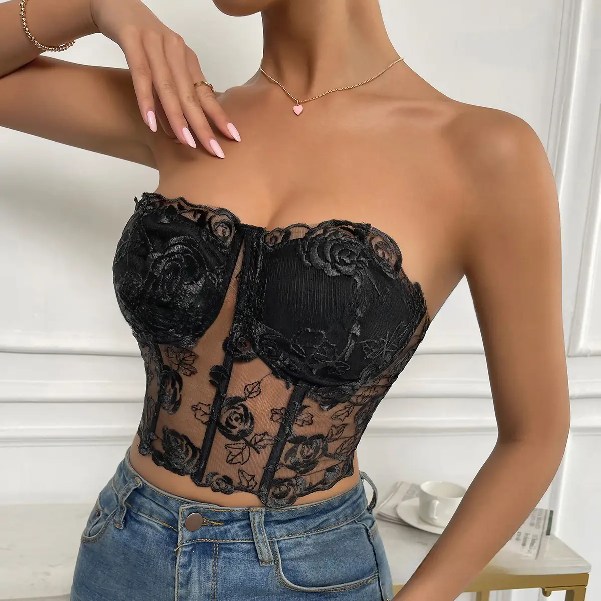 2023 Lace Mesh Rose Strapless Vest Spot 9434 - Image 7