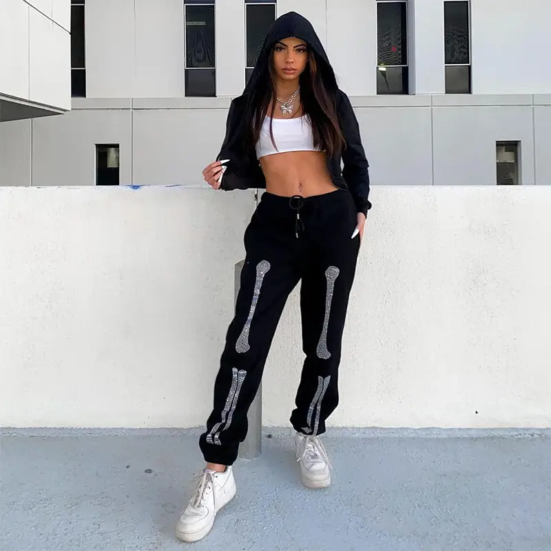 Women's Black Leg Bone Printed Sweatpants Set