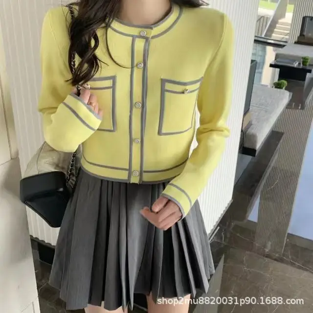 Black White Cardigan Women's Top with Pleated Skirt