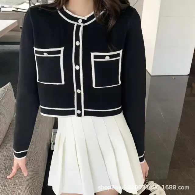 Black White Cardigan Women's Top with Pleated Skirt