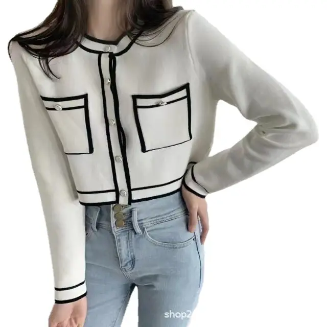 Black White Cardigan Women's Top with Pleated Skirt