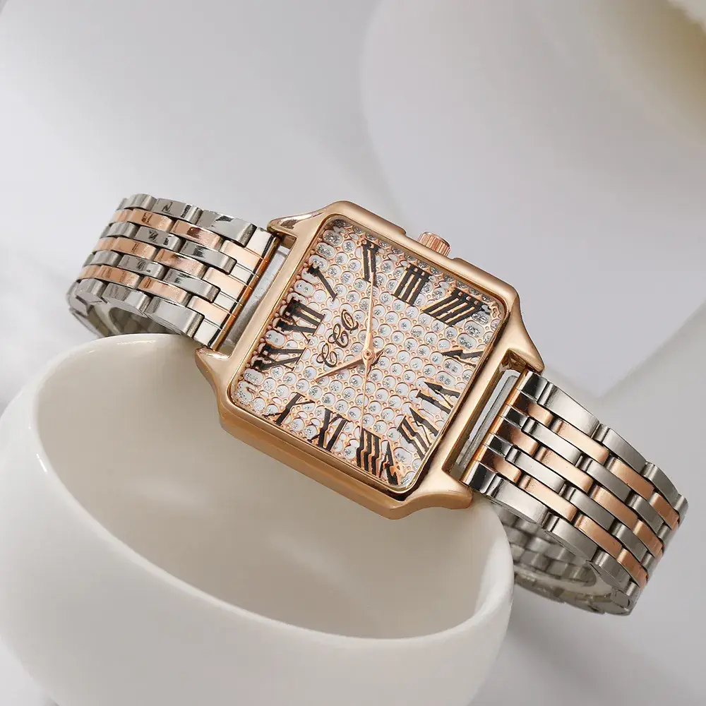 New Quartz Women's Watch Rose Gold Square Dial Roman Numeral Band - Image 4
