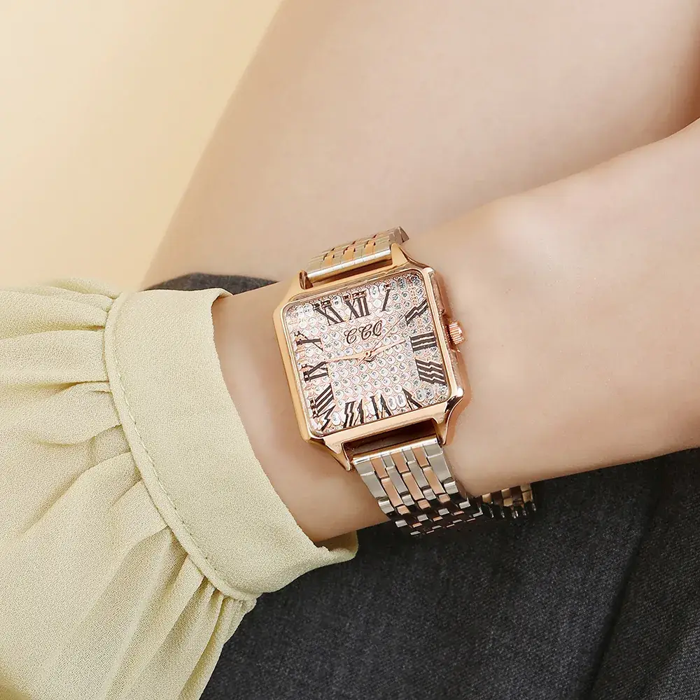 New Quartz Women's Watch Rose Gold Square Dial Roman Numeral Band - Image 5