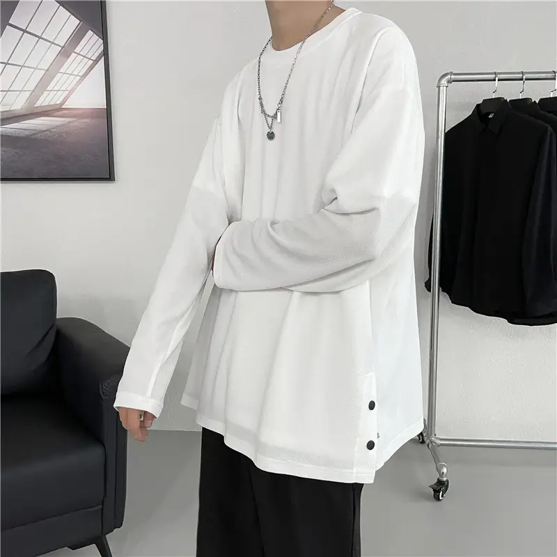 Men Korean Style Long Sleeve T-Shirt Grey Large - Image 5