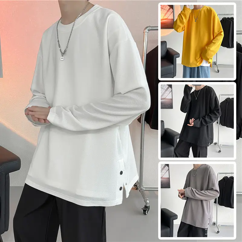 Men Korean Style Long Sleeve T-Shirt Grey Large - Image 6