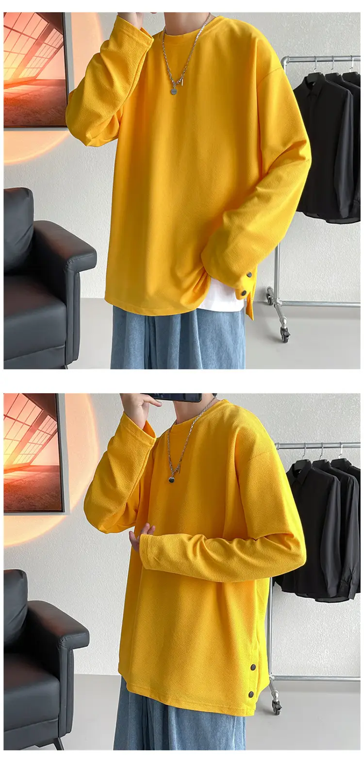 Men Korean Style Long Sleeve T-Shirt Grey Large — feature 13