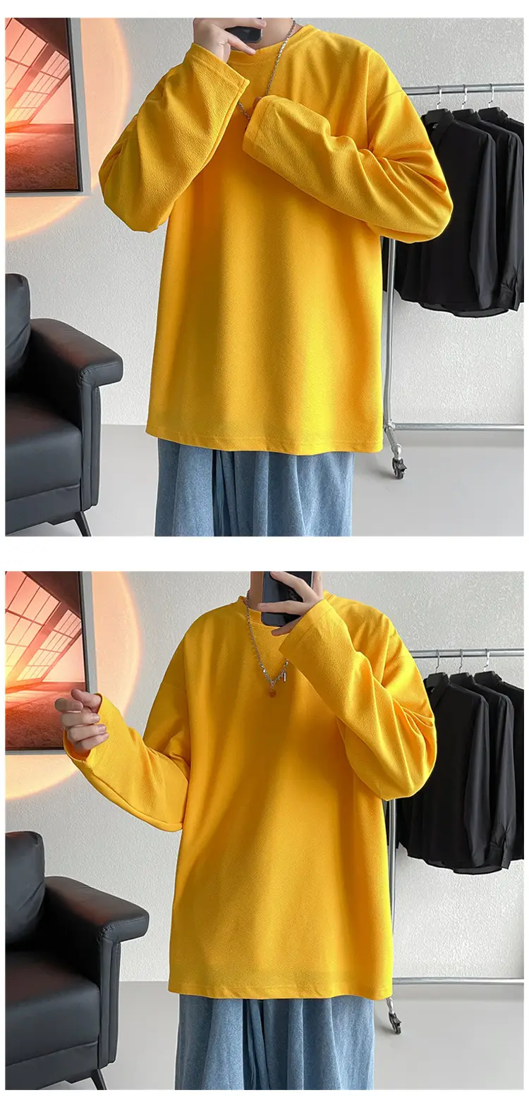 Men Korean Style Long Sleeve T-Shirt Grey Large — feature 14
