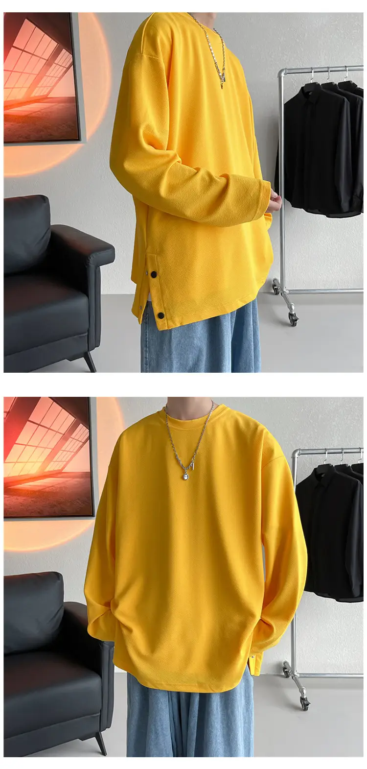 Men Korean Style Long Sleeve T-Shirt Grey Large — feature 16