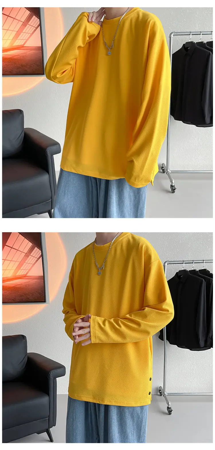 Men Korean Style Long Sleeve T-Shirt Grey Large — feature 17