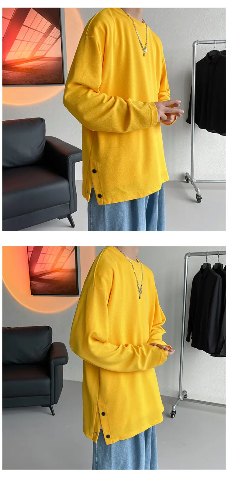 Men Korean Style Long Sleeve T-Shirt Grey Large — feature 18