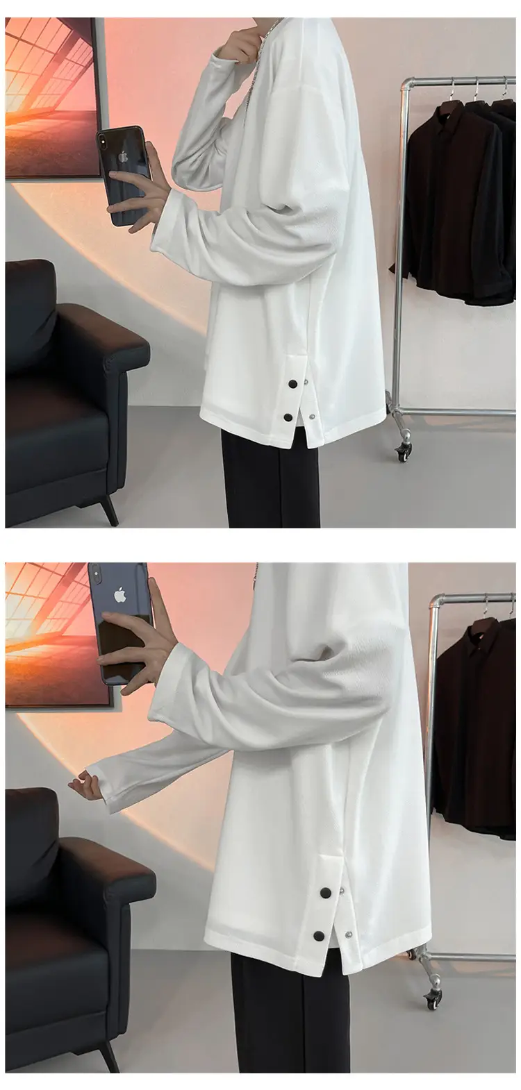 Men Korean Style Long Sleeve T-Shirt Grey Large — feature 2
