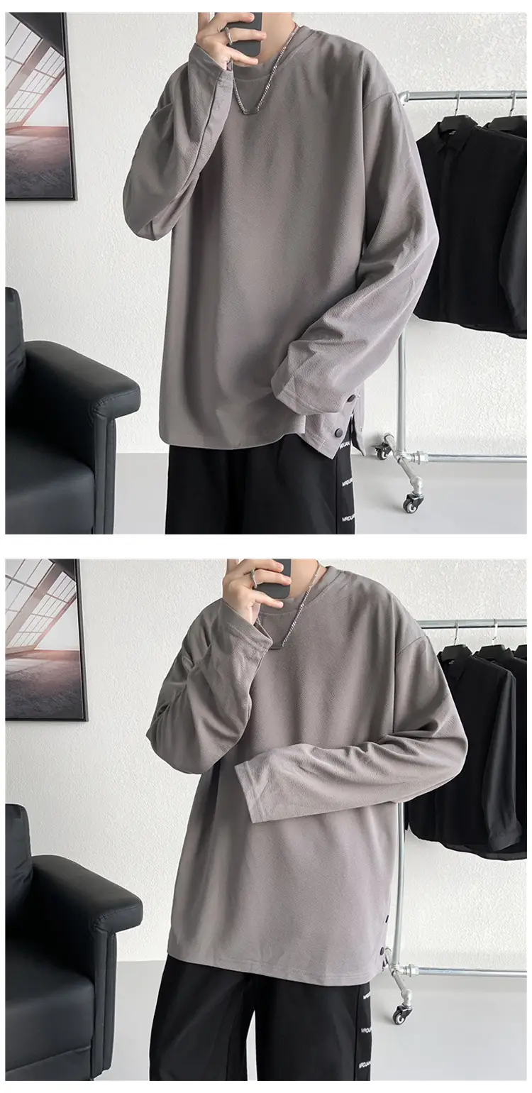 Men Korean Style Long Sleeve T-Shirt Grey Large — feature 21