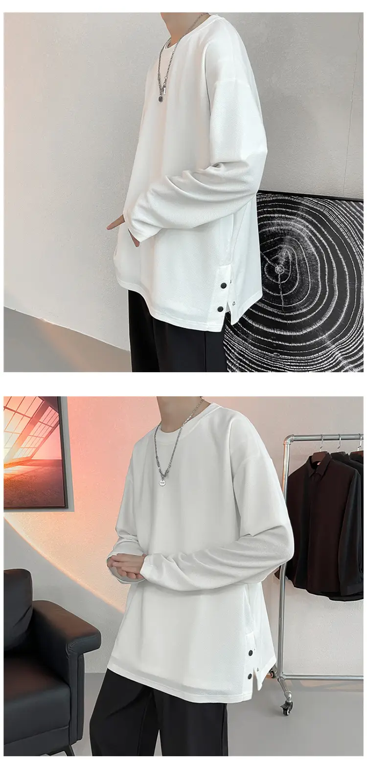 Men Korean Style Long Sleeve T-Shirt Grey Large — feature 3