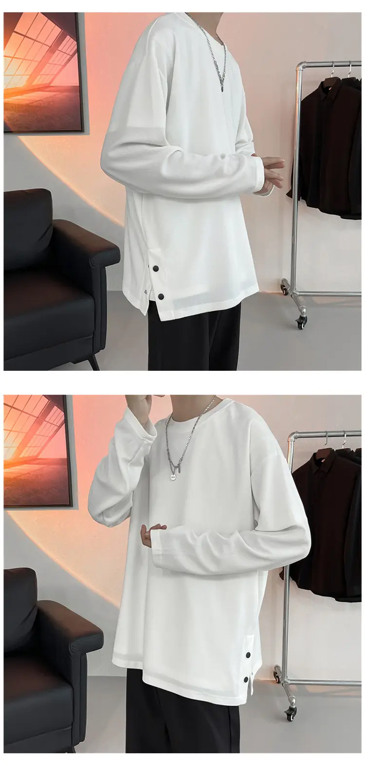 Men Korean Style Long Sleeve T-Shirt Grey Large — feature 5