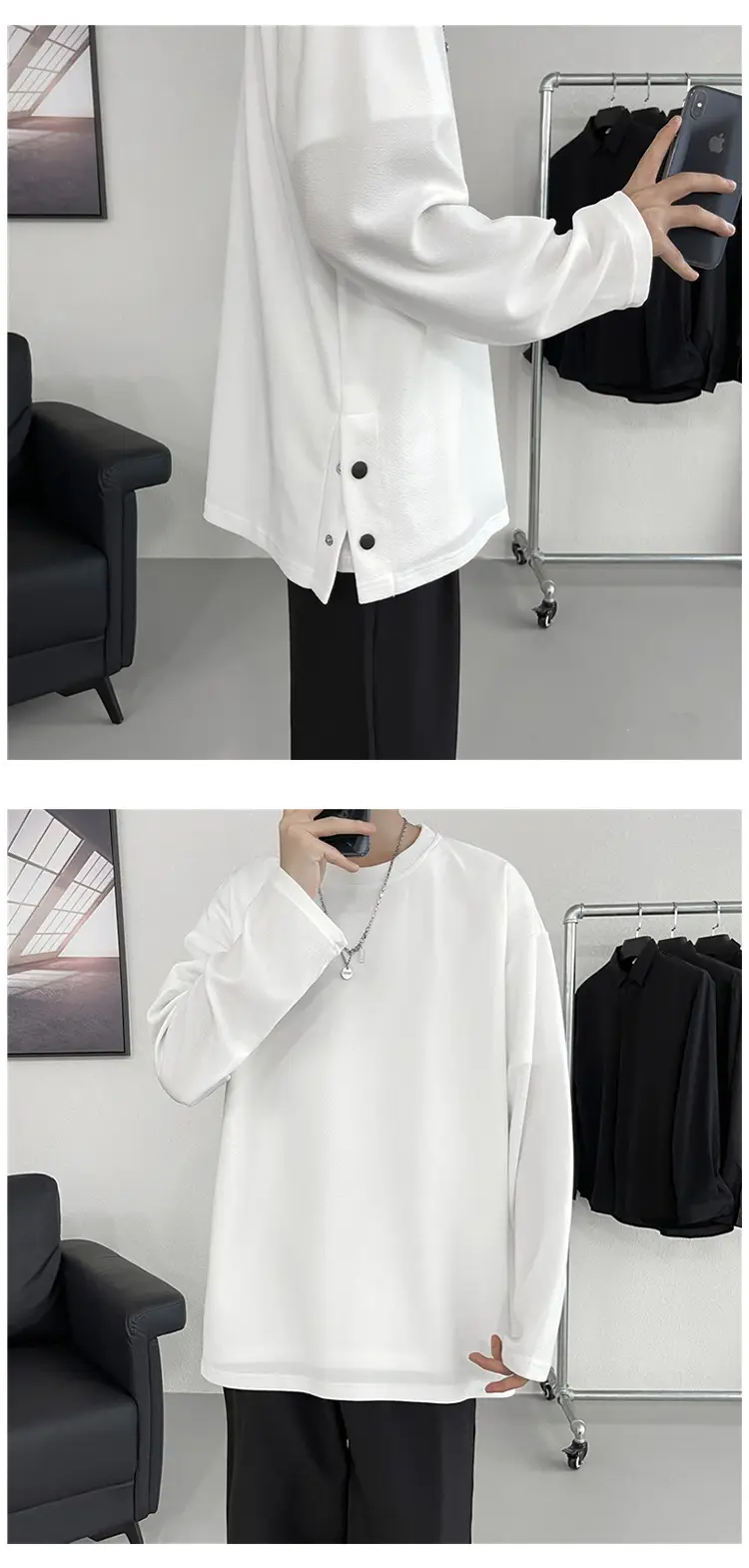 Men Korean Style Long Sleeve T-Shirt Grey Large — feature 6