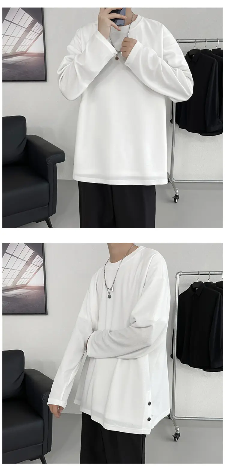 Men Korean Style Long Sleeve T-Shirt Grey Large — feature 7