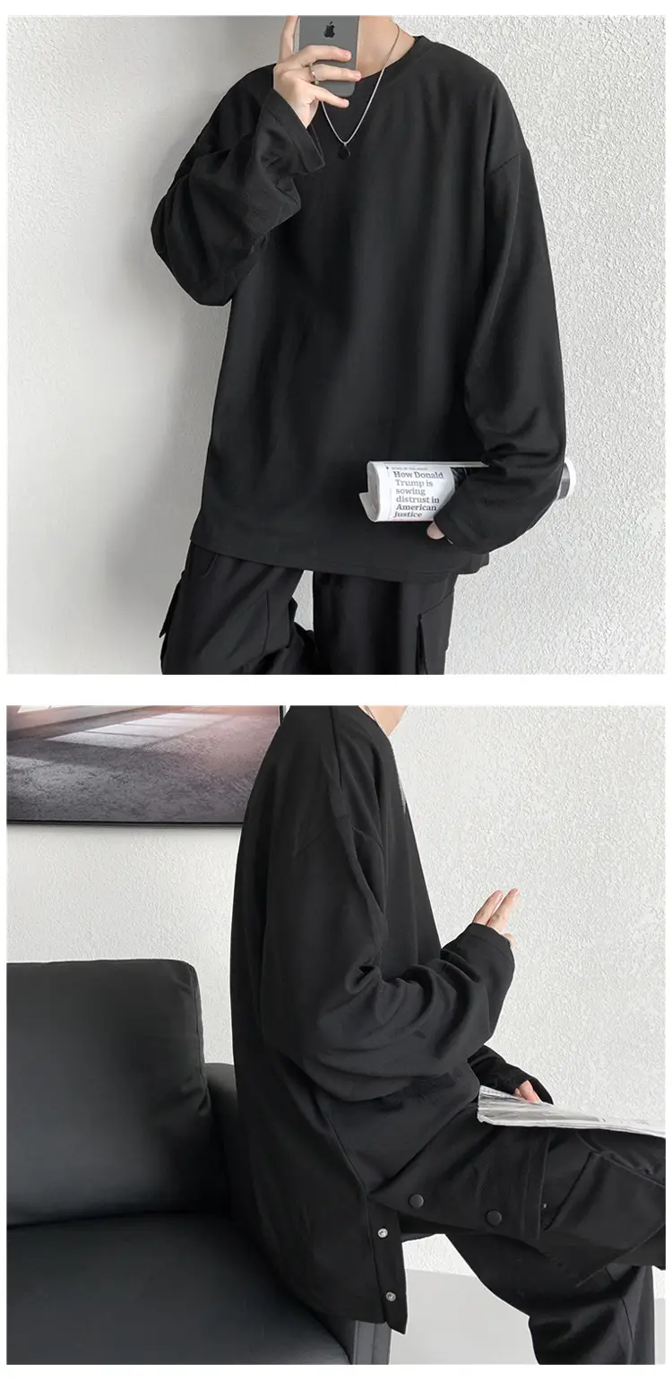 Men Korean Style Long Sleeve T-Shirt Grey Large — feature 8