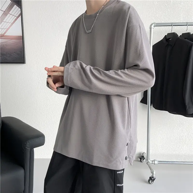 Men Korean Style Long Sleeve T-Shirt Grey Large - Image 2