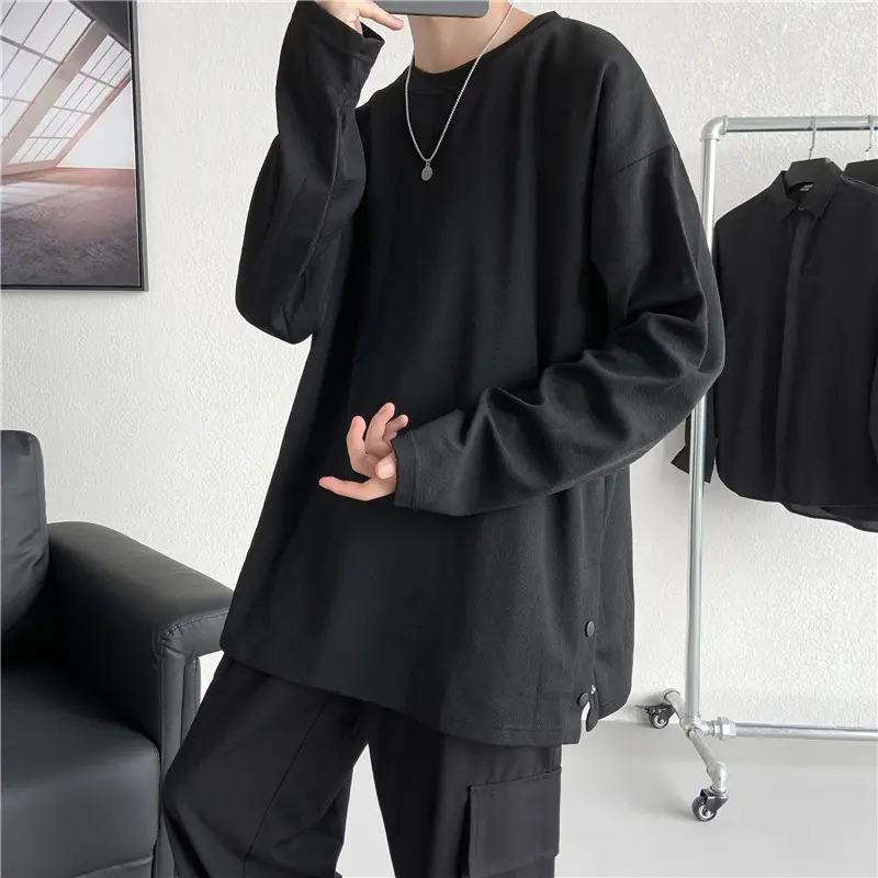 Men Korean Style Long Sleeve T-Shirt Grey Large - Image 3