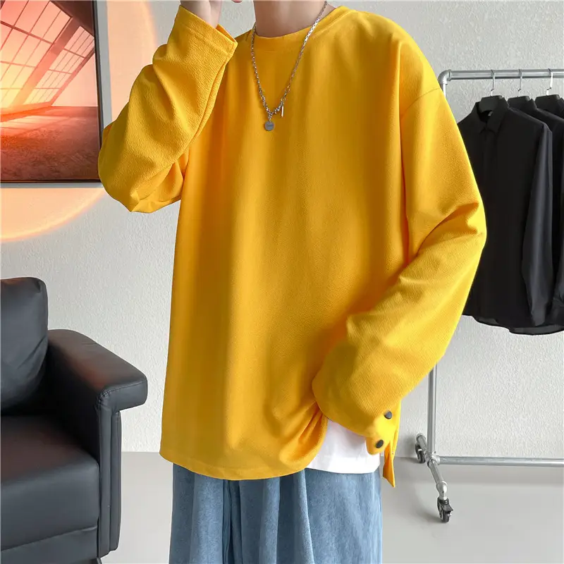 Men Korean Style Long Sleeve T-Shirt Grey Large - Image 4