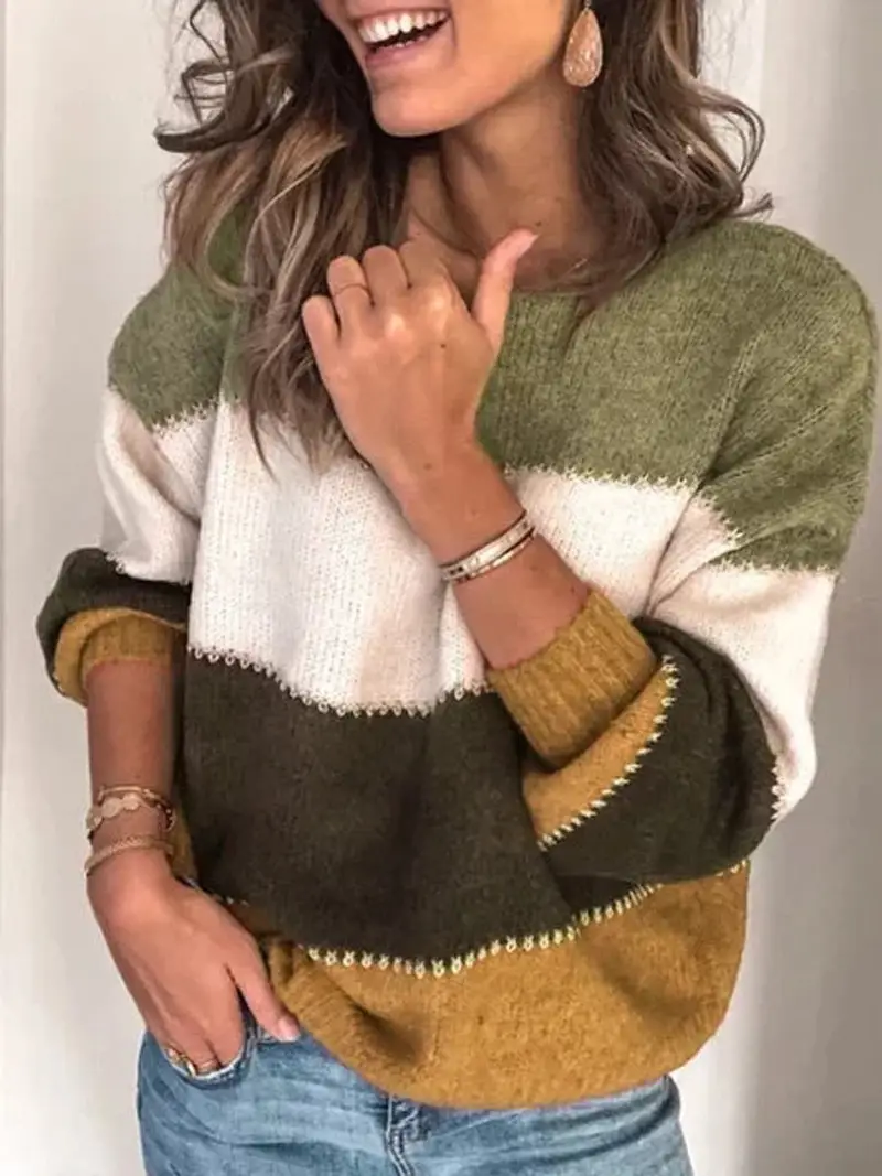 2022 Women Knitted Striped Sweater Long Sleeve Purple White - Image 2