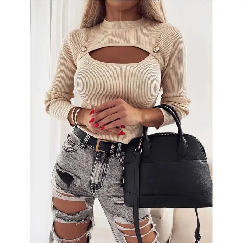 Women's White Ribbed Cutout Top with Button Front & Long Sleeves - Image 2