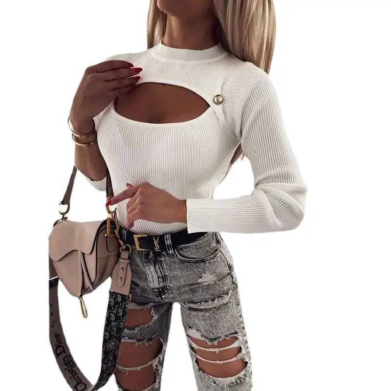 Women's White Ribbed Cutout Top with Button Front & Long Sleeves - Image 5