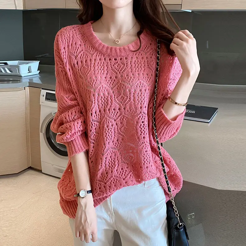 Women's Purple Hollow Knit Long Sleeve Blouse