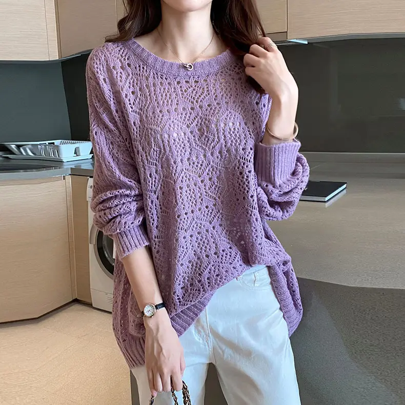 Women's Purple Hollow Knit Long Sleeve Blouse