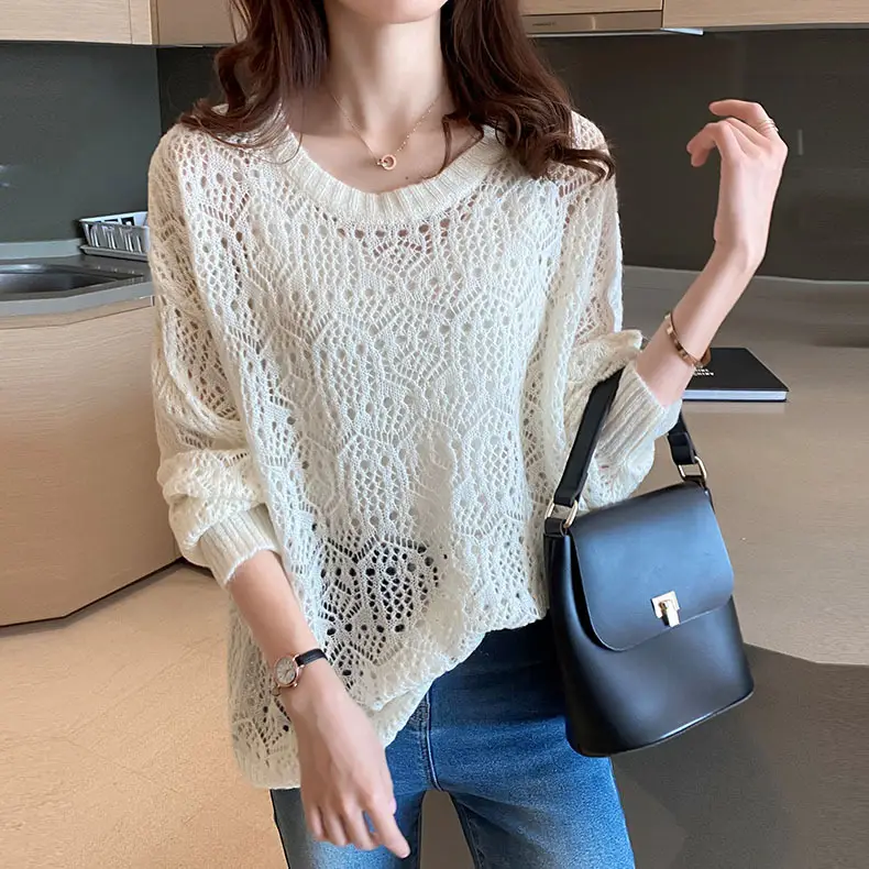 Women's Purple Hollow Knit Long Sleeve Blouse